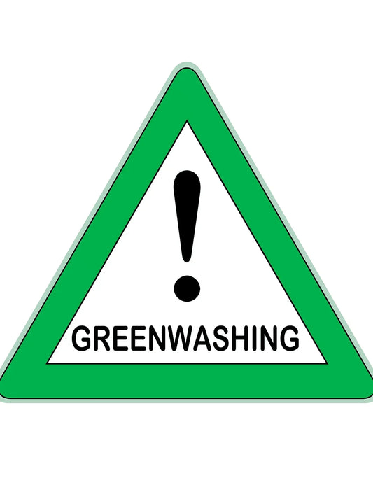 Green triangular warning sign with black exclamation mark and text Greenwashing, resin wall art, epoxy resin wall art