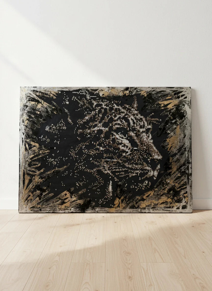 Abstract gold leaf art resin wall decor of a tiger head on black background, epoxy resin wall art