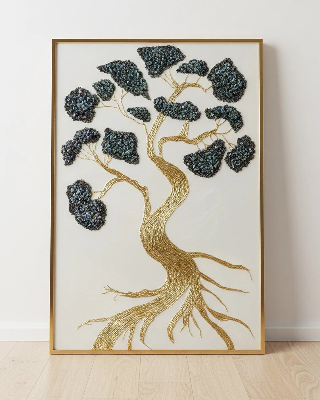 Framed resin wall art of a golden leaf tree with textured black and blue foliage, epoxy resin wall decor
